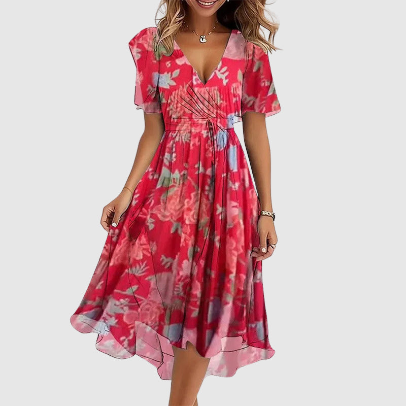 Vestido Largo de Mezcla de Algodón con Estampado Multicolor y Escote en V para Mujer