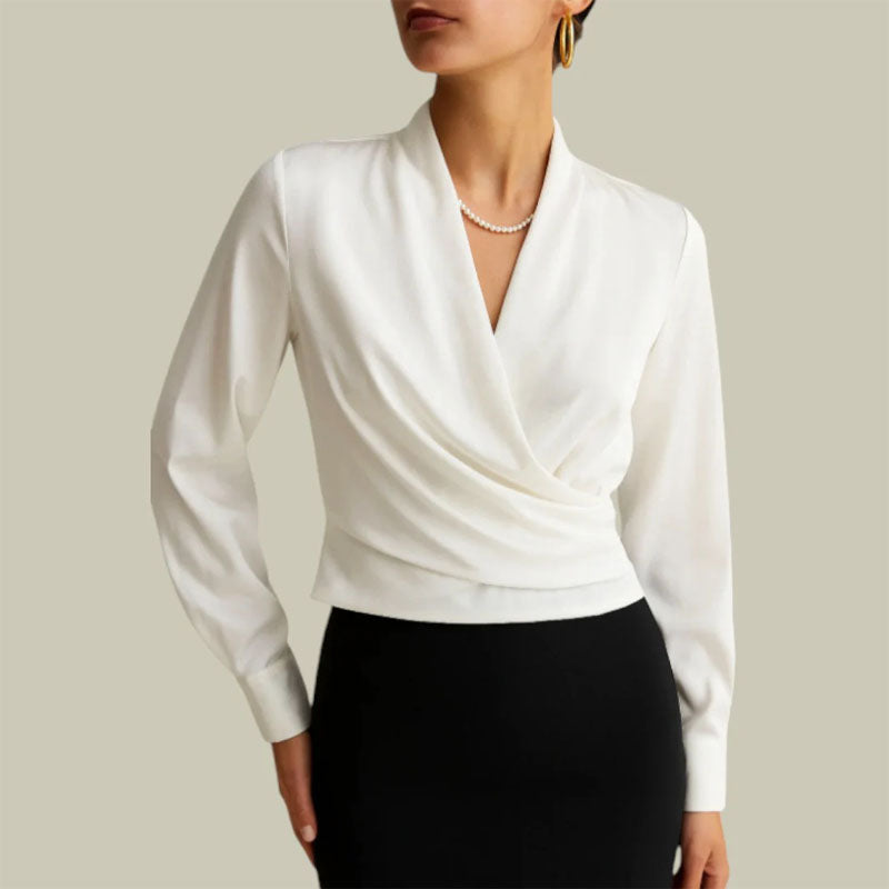 Blusa de Poliéster para Mujer con Cuello en V y Diseño Cruzado de Manga Larga