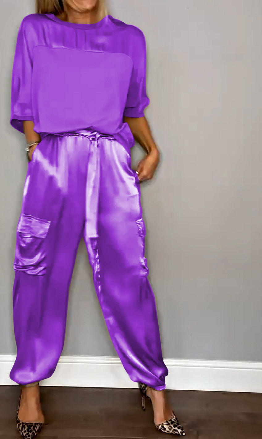 Conjunto de Satén para Mujer con Blusa de Manga 3/4 y Pantalones con Lazo en Cintura