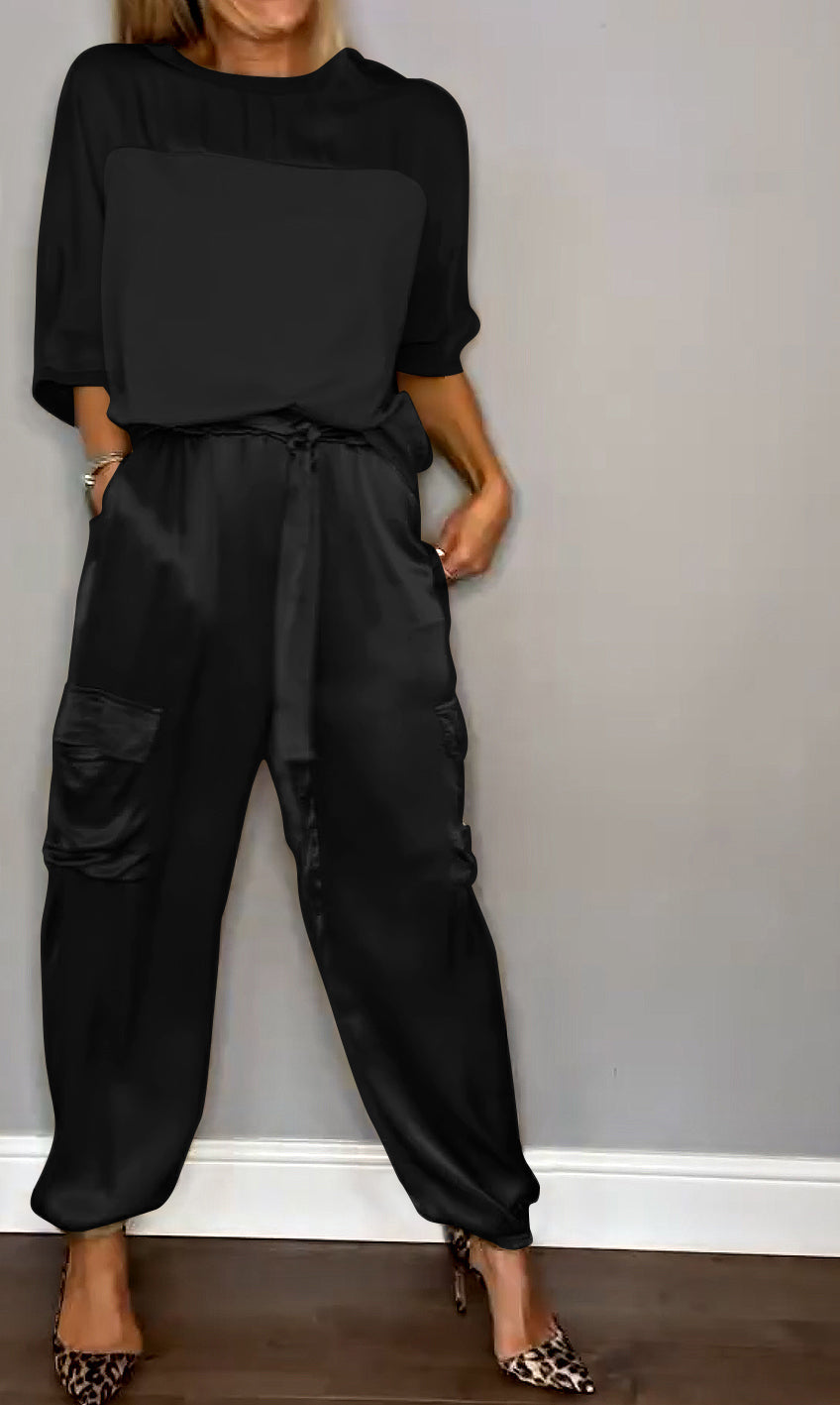 Conjunto de Satén para Mujer con Blusa de Manga 3/4 y Pantalones con Lazo en Cintura