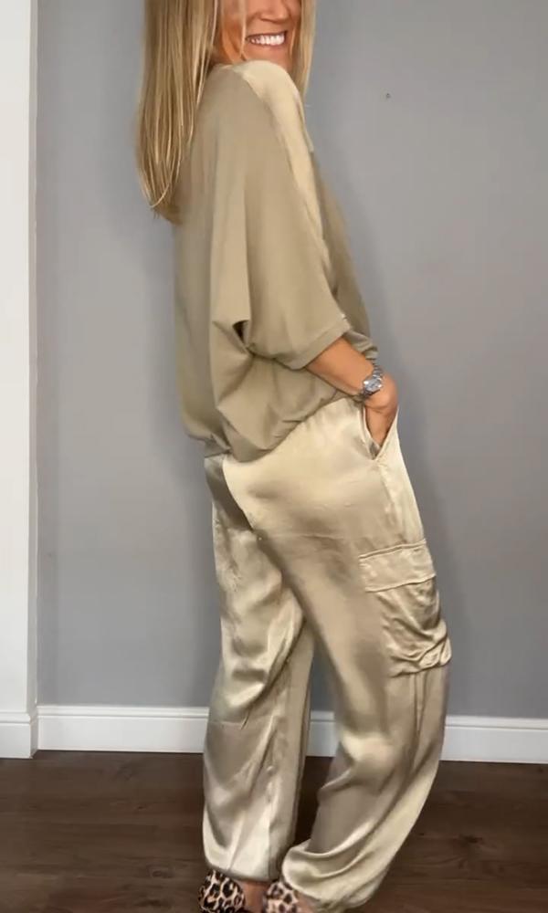 Conjunto de Satén para Mujer con Blusa de Manga 3/4 y Pantalones con Lazo en Cintura