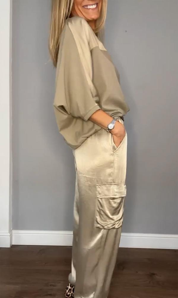 Conjunto de Satén para Mujer con Blusa de Manga 3/4 y Pantalones con Lazo en Cintura