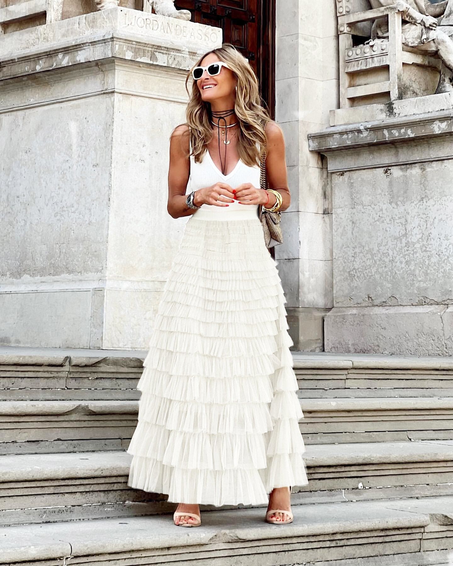 Falda maxi para mujer con capas de tul y cintura alta — boda