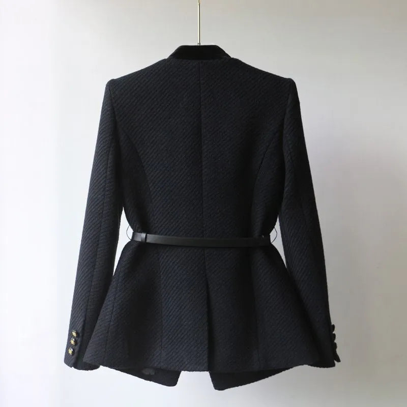 Structured Blazer-Style Jacket with Belt and Gold Buttons for Women