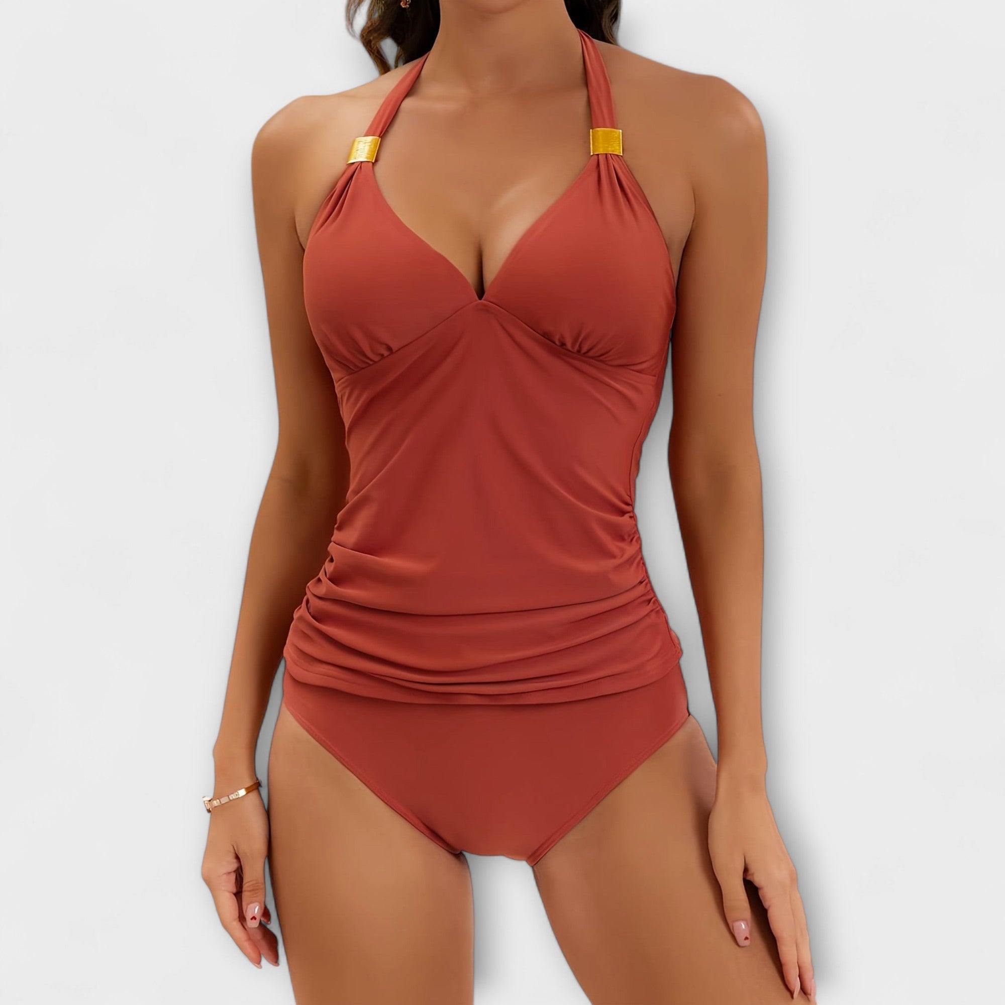 Bañador de Dos Piezas para Mujer con Cuello Halter y Detalles Metálicos Dorados