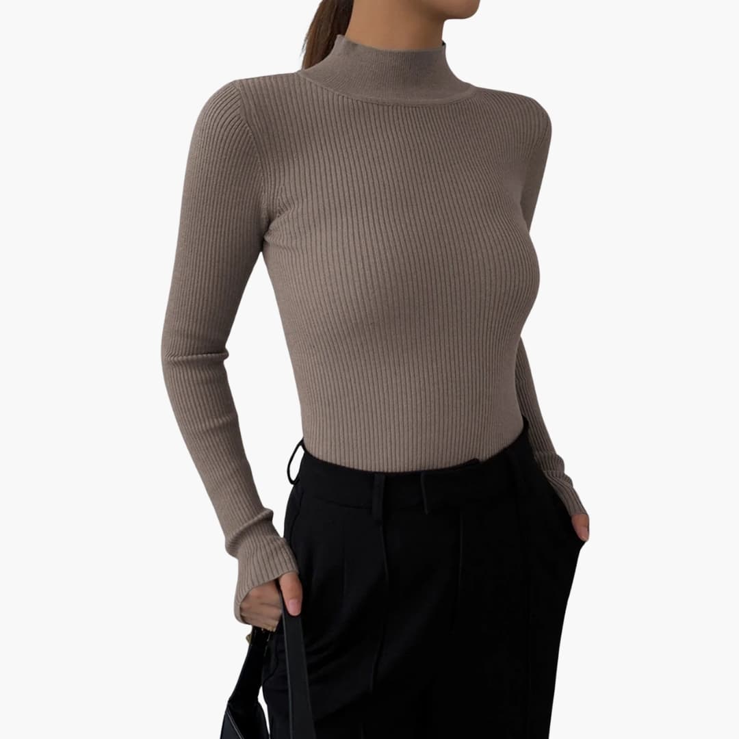 Jersey de punto para mujer con cuello alto falso y corte entallado básico
