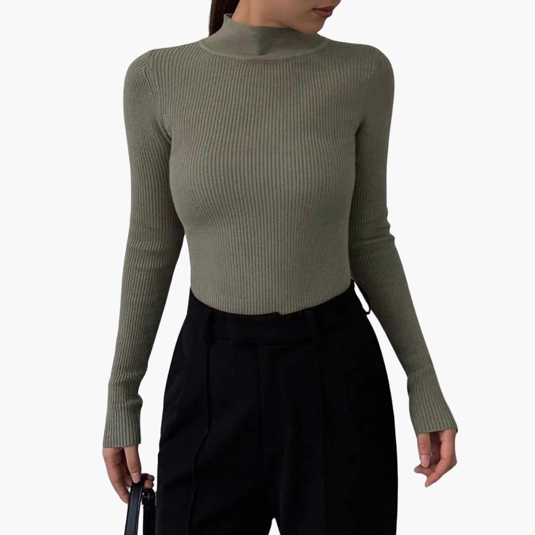 Jersey de punto para mujer con cuello alto falso y corte entallado básico