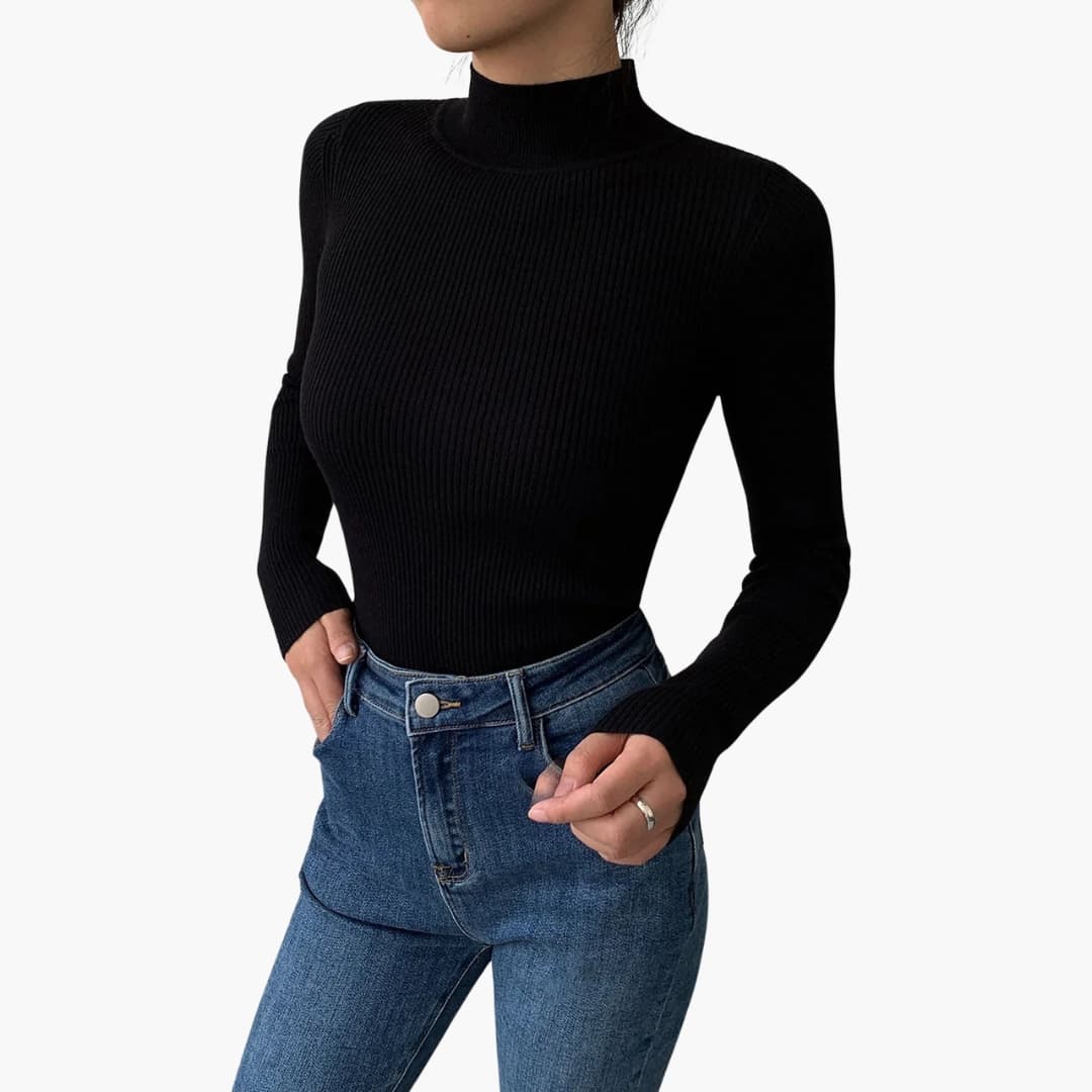 Jersey de punto para mujer con cuello alto falso y corte entallado básico