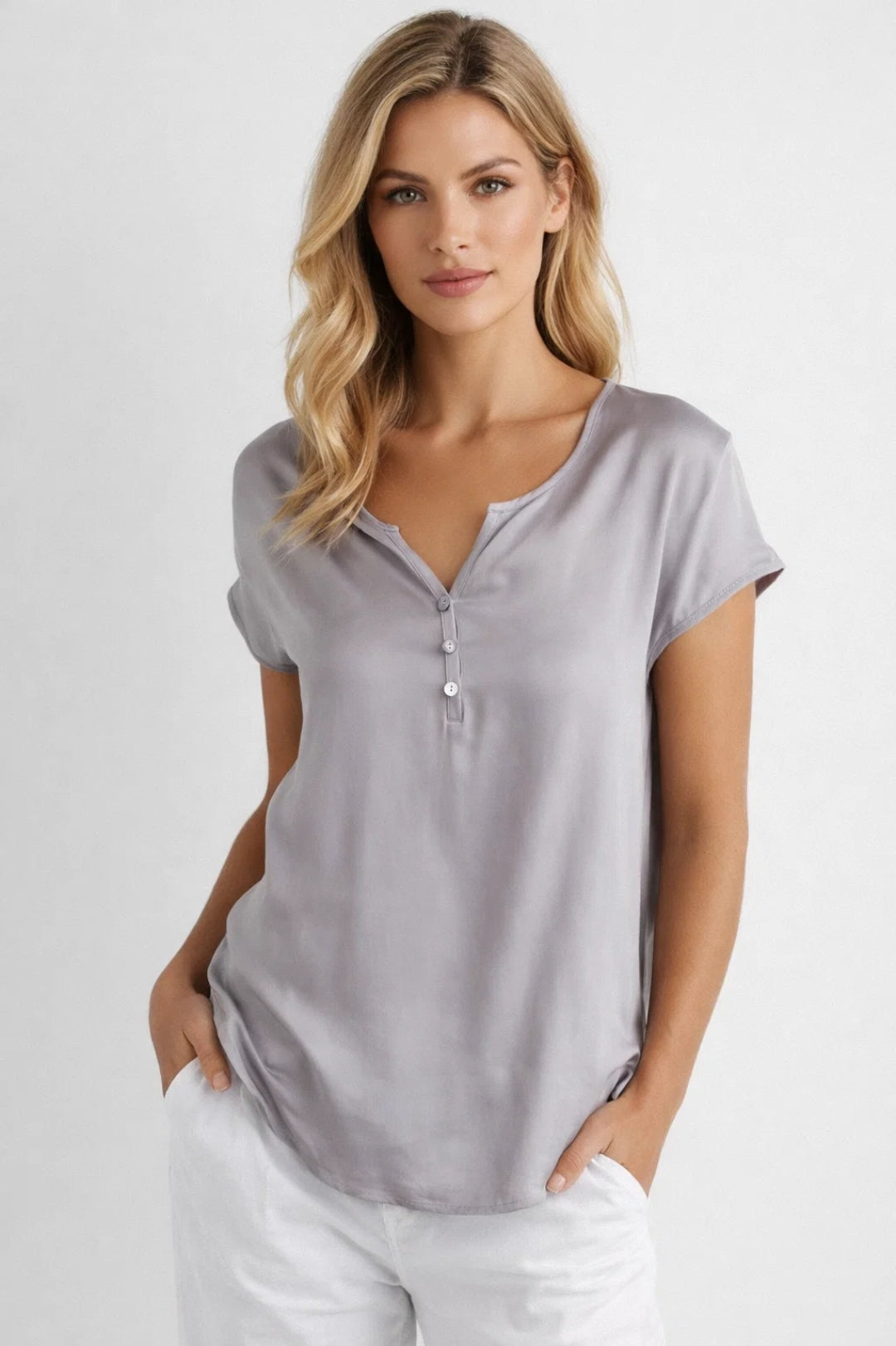 Camiseta casual de mujer con cuello en V y manga corta, poliéster, estilo pulóver con botones frontales