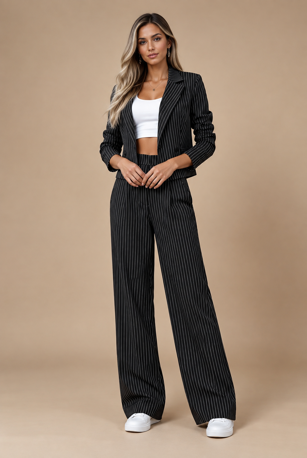 Two-Piece Pinstripe Suit, Cropped Blazer and Wide-Leg Pants