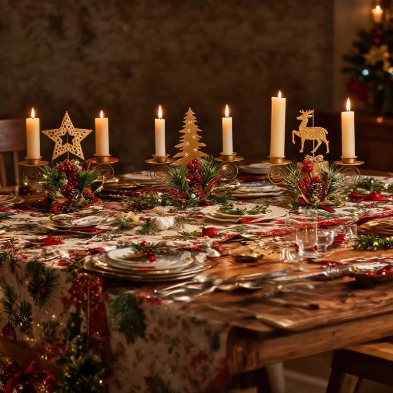 Set de 3 Candelabros de Hierro para Velas Cónicas con Adornos de Pino y Bayas