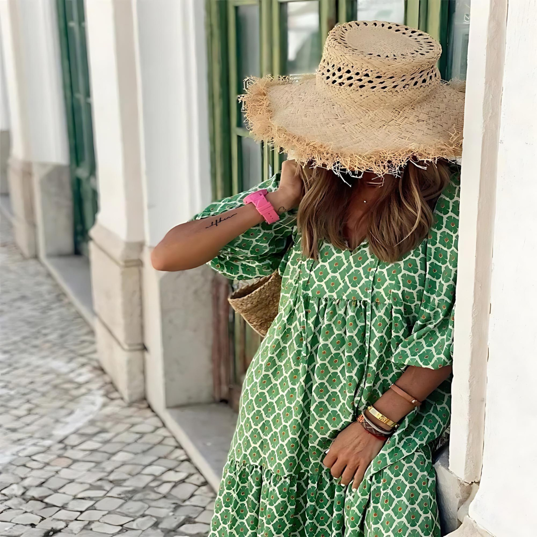 Vestido Largo Bohemio con Estampado Geométrico y Cuello en V para Mujer
