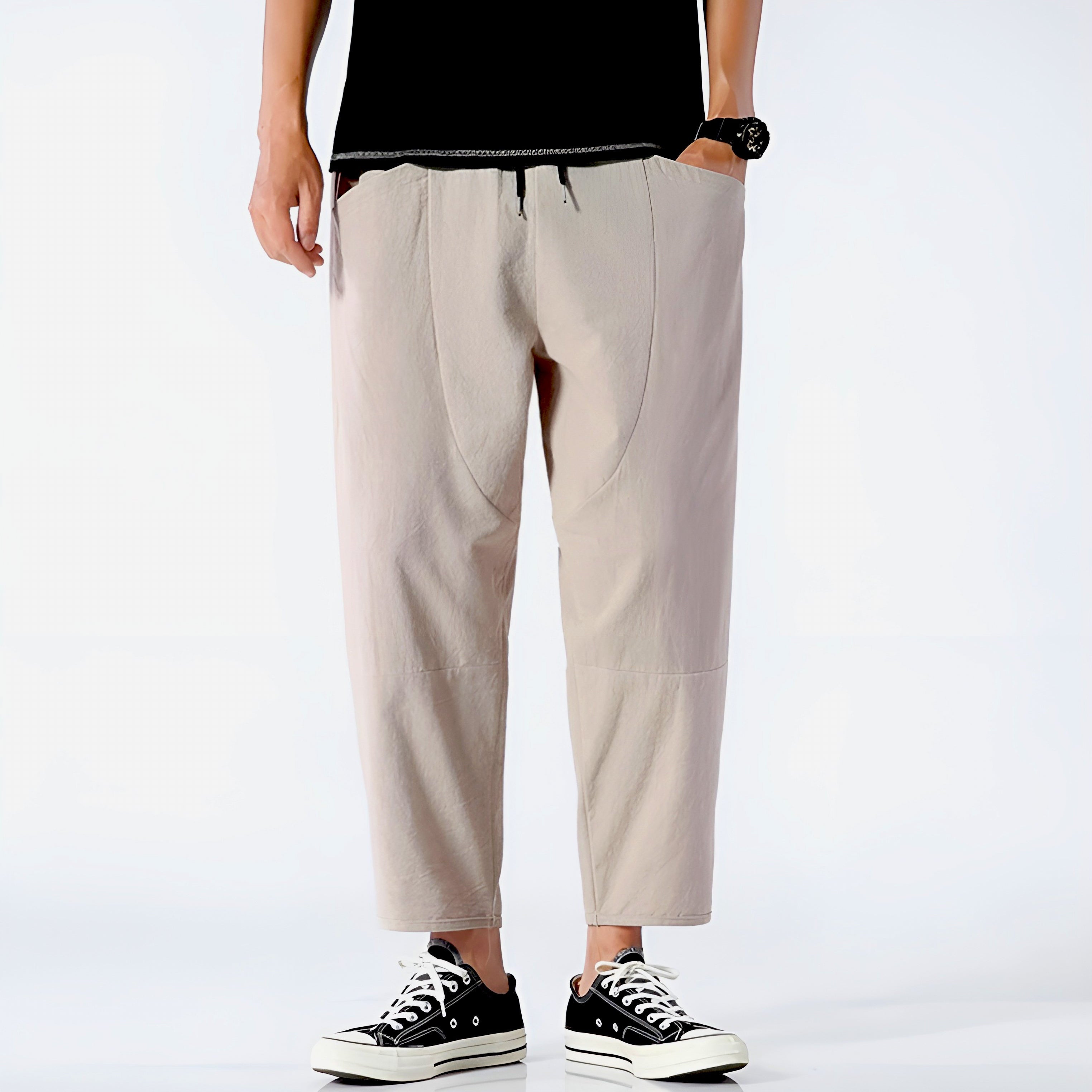 Pantalones Capri de Algodón y Lino para Hombre con Cintura de Cordón Ajustable