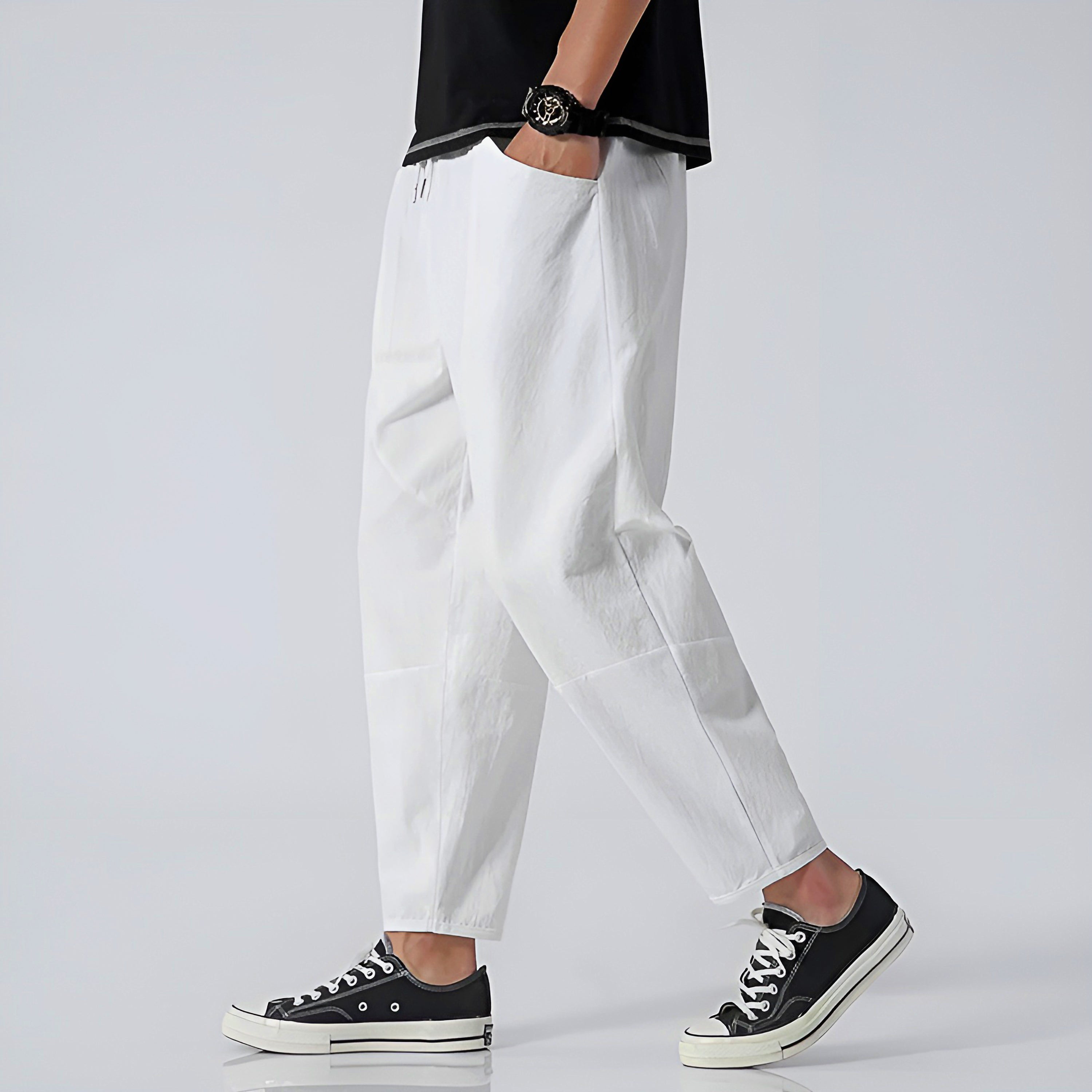 Pantalon Capri en Coton et Lin pour Homme avec Taille à Cordon Ajustable