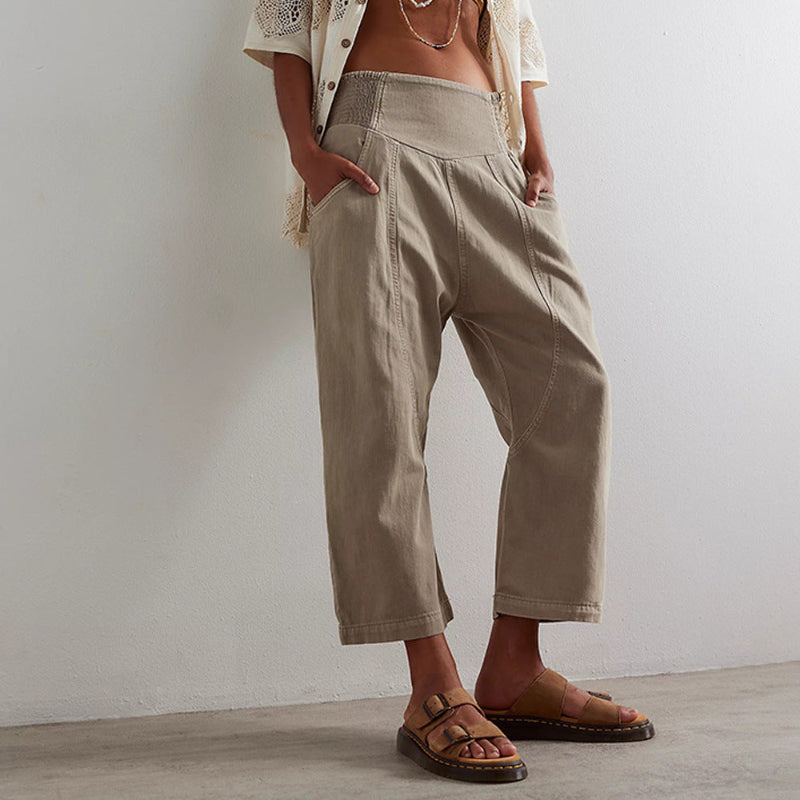 Pantalones de Talle Alto con Pernera Recta y Bolsillos Laterales de Mezcla de Algodón