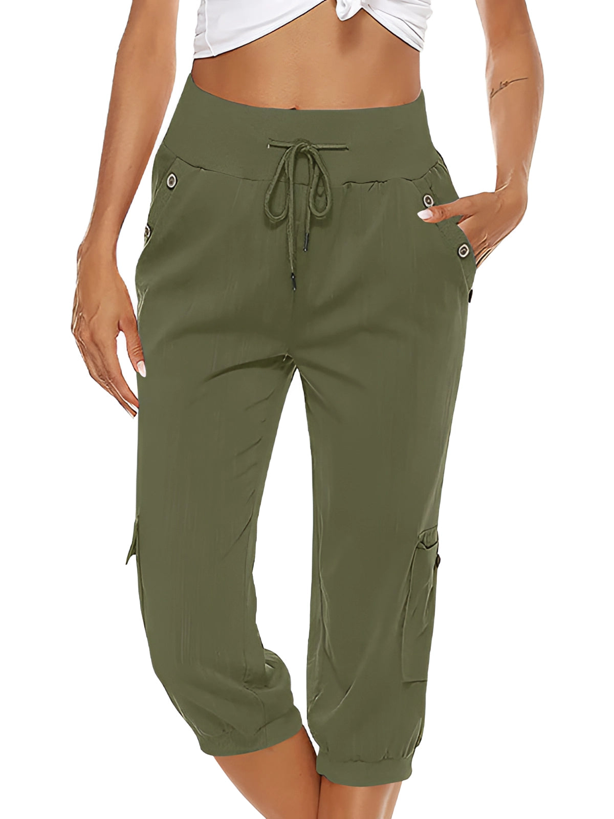 Pantalones Capri para Mujer con Cintura Elástica y Bolsillos de Parche