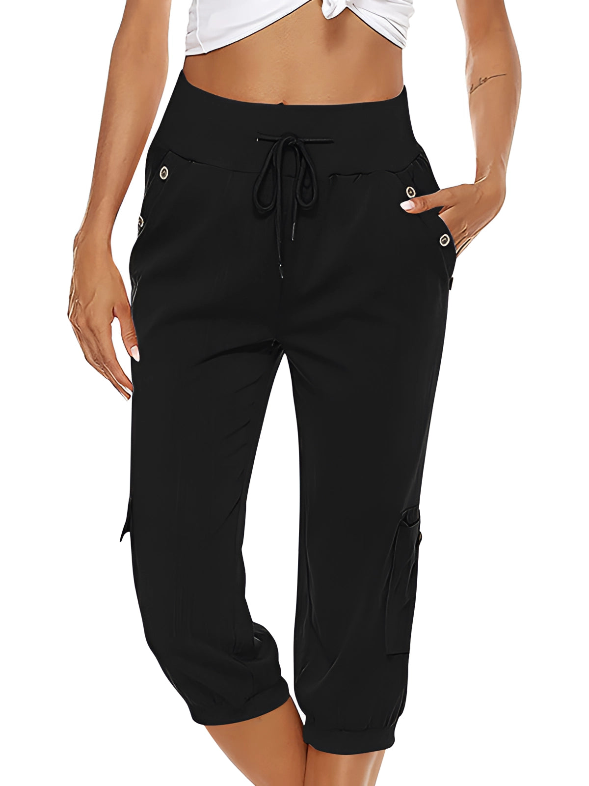 Pantalones Capri para Mujer con Cintura Elástica y Bolsillos de Parche