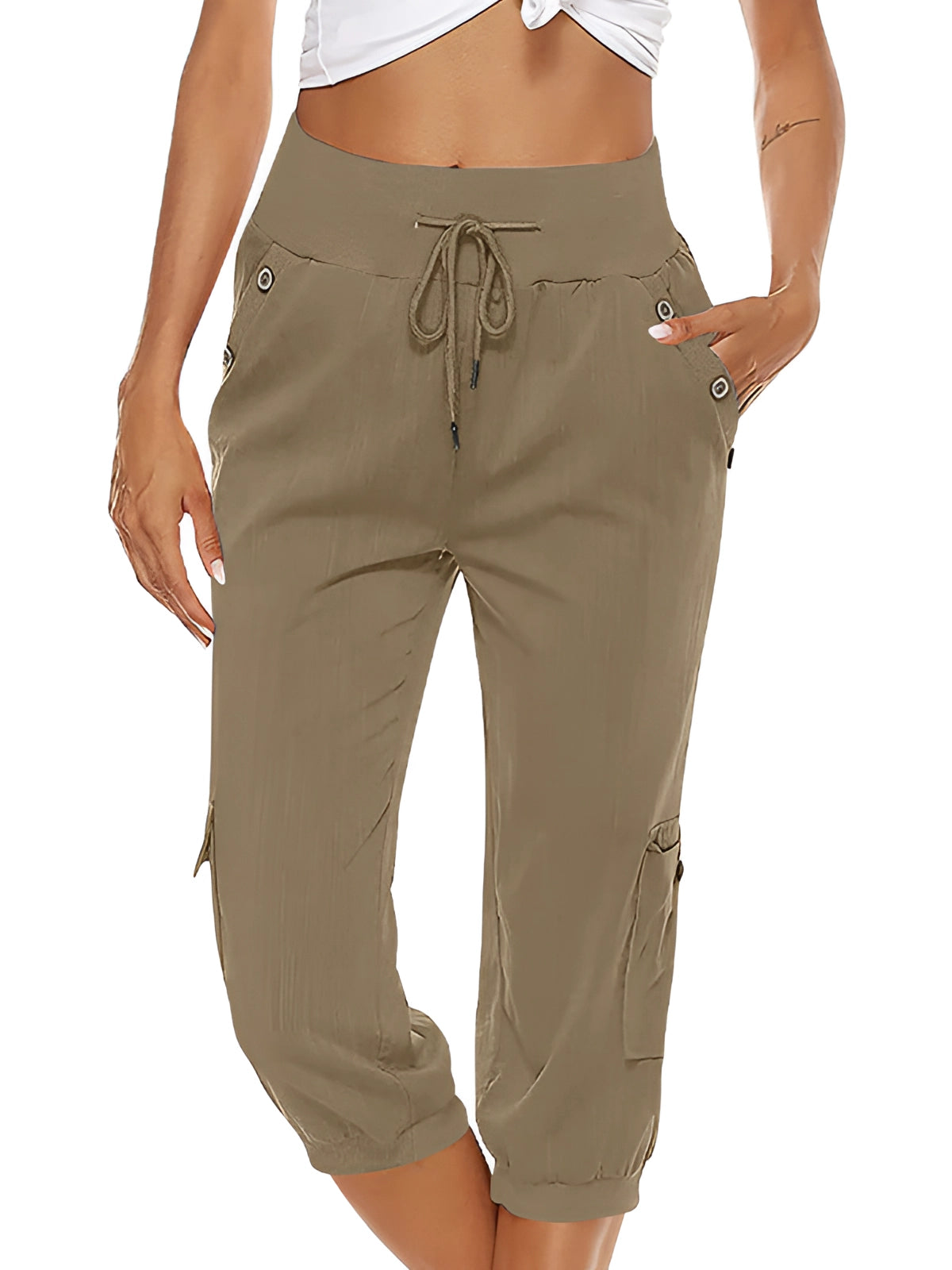 Pantalones Capri para Mujer con Cintura Elástica y Bolsillos de Parche