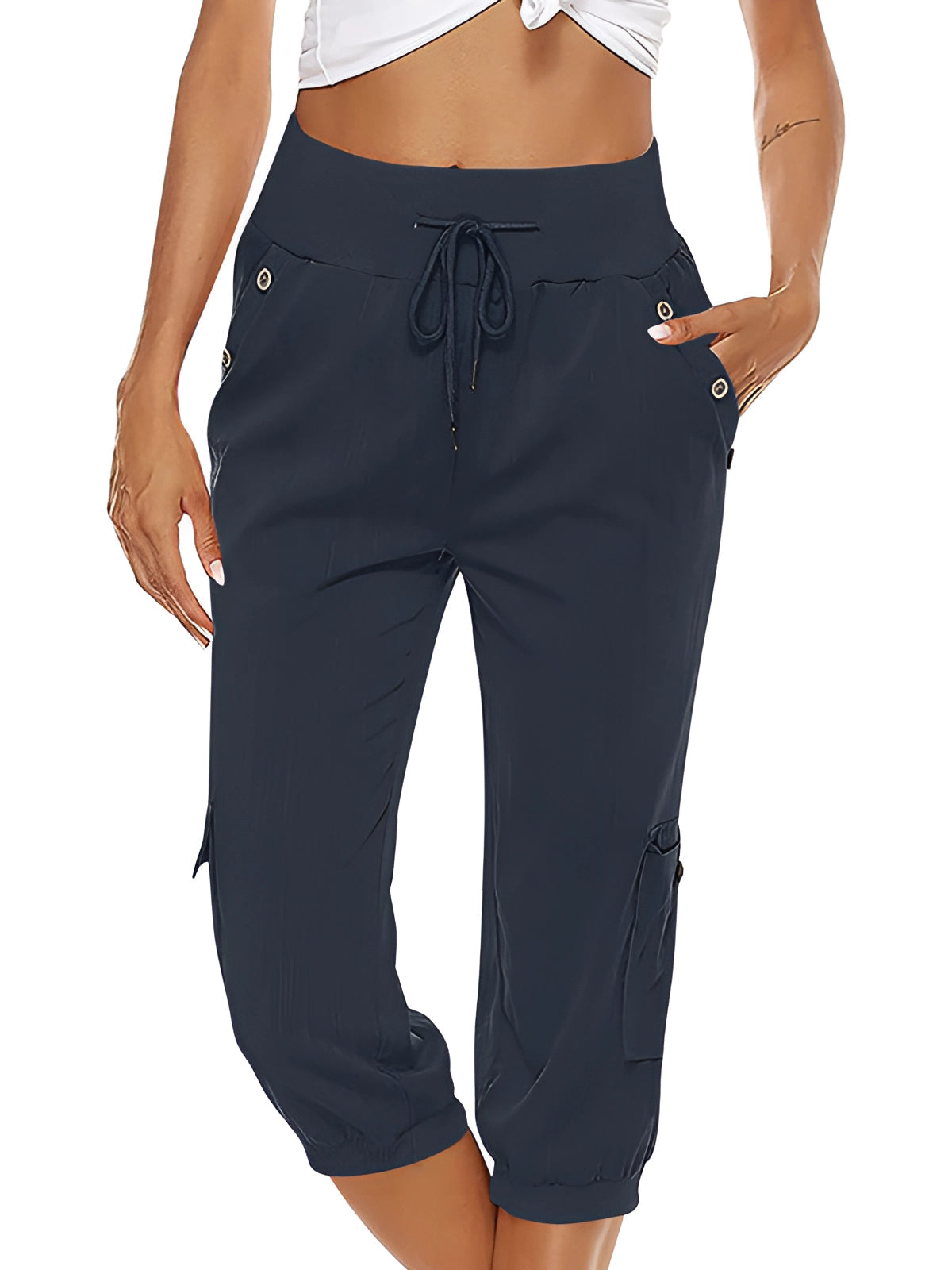 Pantalon Capri pour Femme avec Taille Élastique et Poches Plaquées