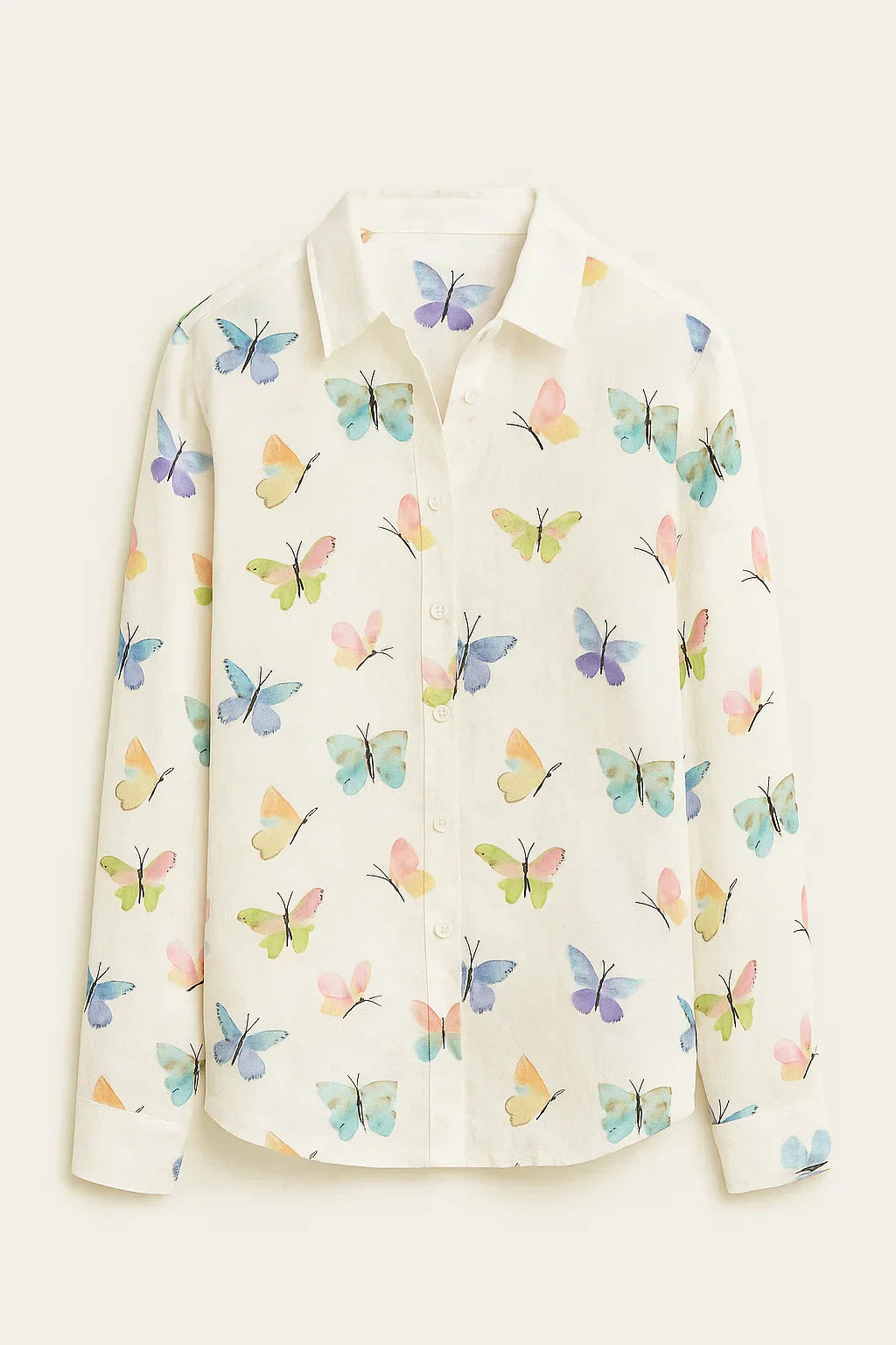 Camisa de Algodón y Poliéster con Estampado de Mariposas y Manga Larga para Mujer