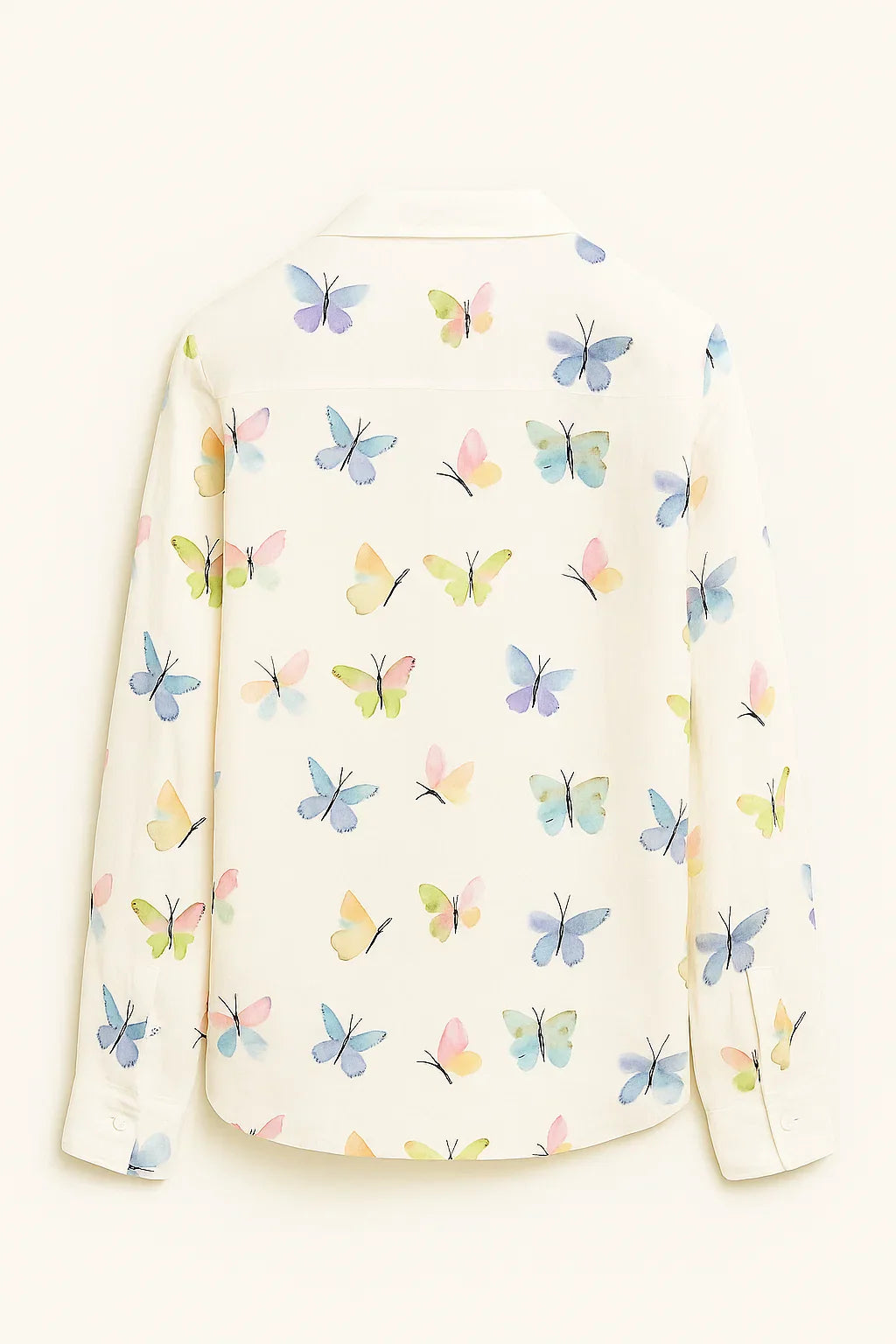 Camisa de Algodón y Poliéster con Estampado de Mariposas y Manga Larga para Mujer