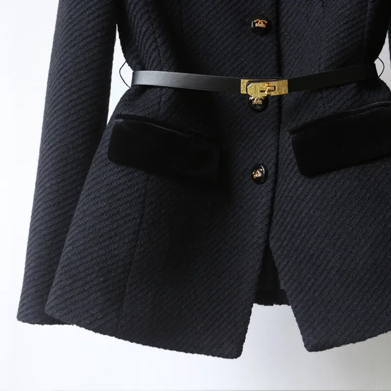 Structured Blazer-Style Jacket with Belt and Gold Buttons for Women