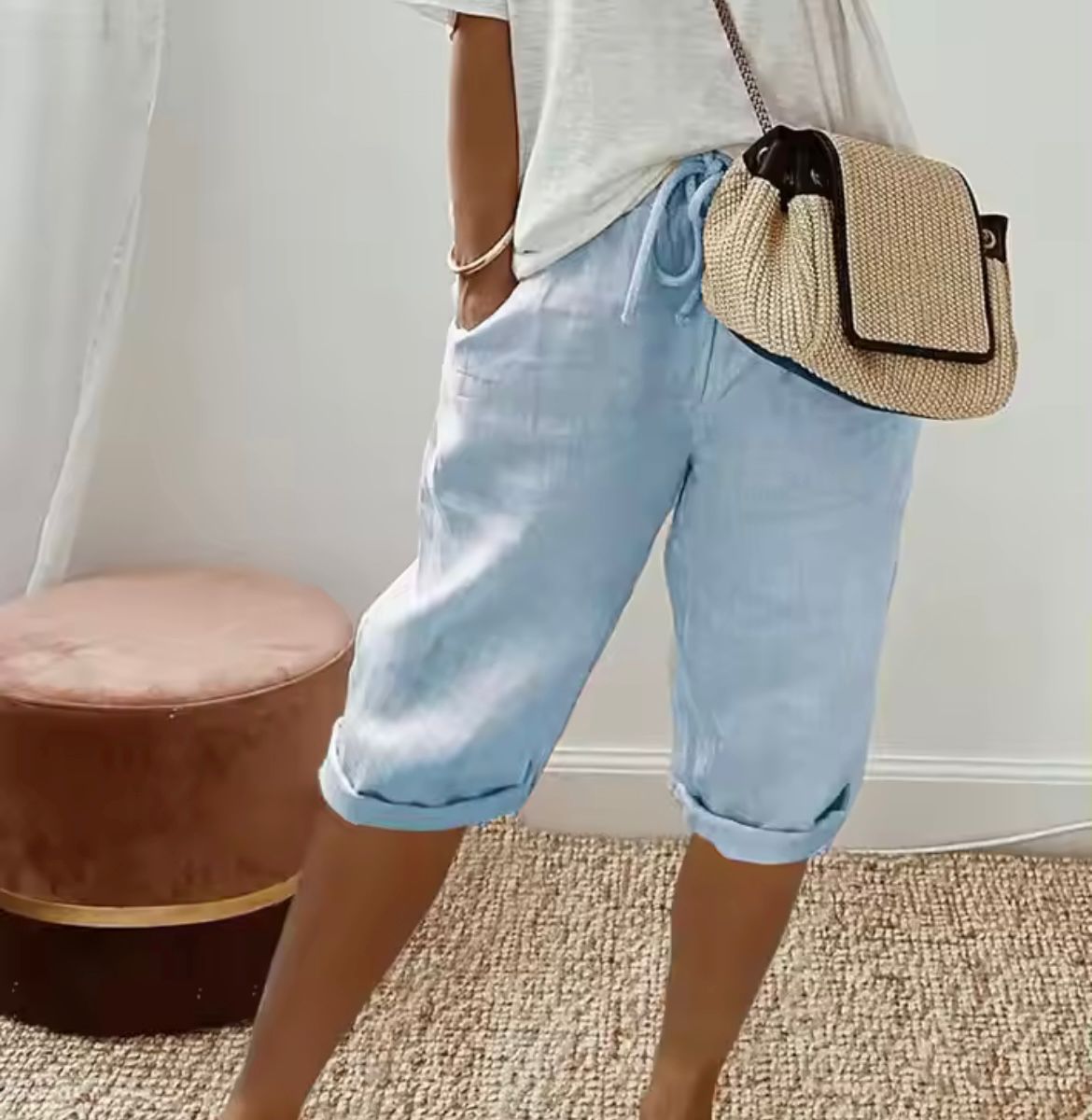 Pantalones Cortos de Lino y Algodón con Cintura Elástica y Bolsillos para Mujer