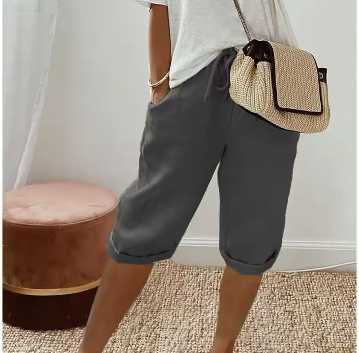 Pantalones Cortos de Lino y Algodón con Cintura Elástica y Bolsillos para Mujer