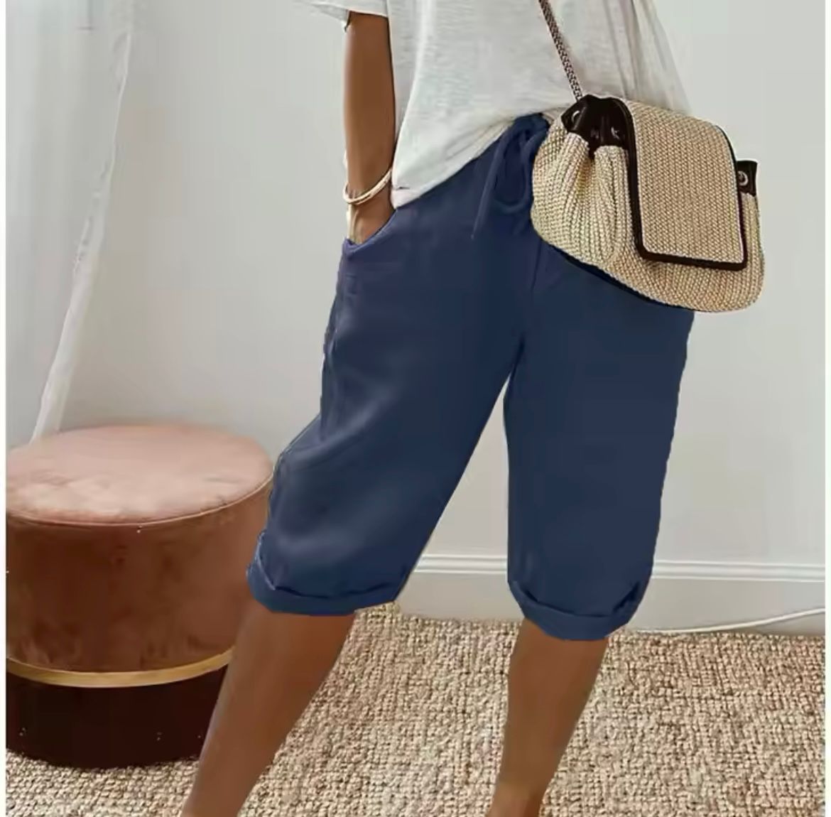 Pantalones Cortos de Lino y Algodón con Cintura Elástica y Bolsillos para Mujer