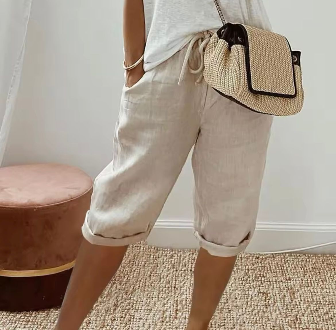 Pantalones Cortos de Lino y Algodón con Cintura Elástica y Bolsillos para Mujer
