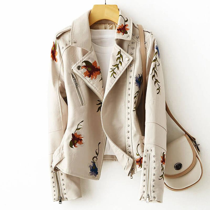 Veste Biker en Cuir Synthétique pour Femme avec Broderies Florales et Clous