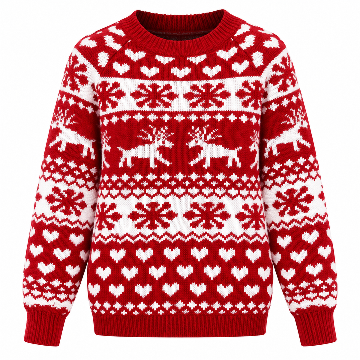 Dámský svetr s pleteným vzorem Fair Isle, se soby a srdíčky