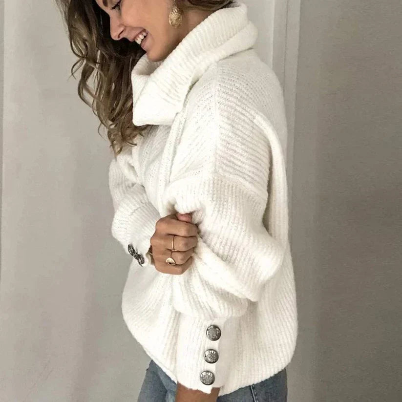 Suéter de Mujer de Cuello Alto con Botones Decorativos en las Mangas