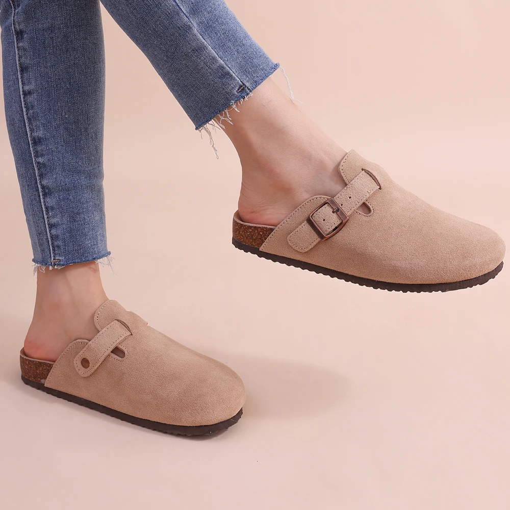 Zuecos de Gamuza con Suela de Corcho y Hebilla Ajustable para Mujer