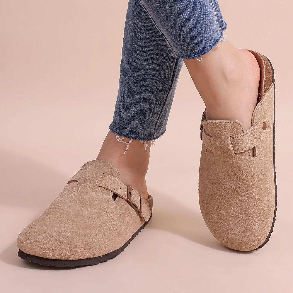 Zuecos de Gamuza con Suela de Corcho y Hebilla Ajustable para Mujer