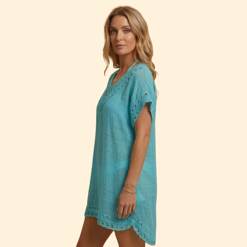 Vestido de Playa con Escote en V y Detalles de Ganchillo para Mujer