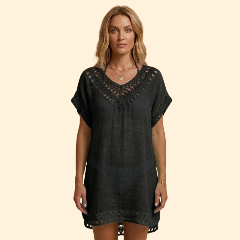 Vestido de Playa con Escote en V y Detalles de Ganchillo para Mujer