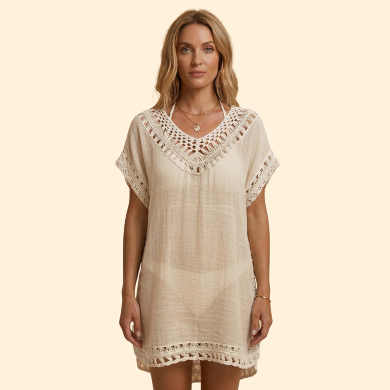 Vestido de Playa con Escote en V y Detalles de Ganchillo para Mujer