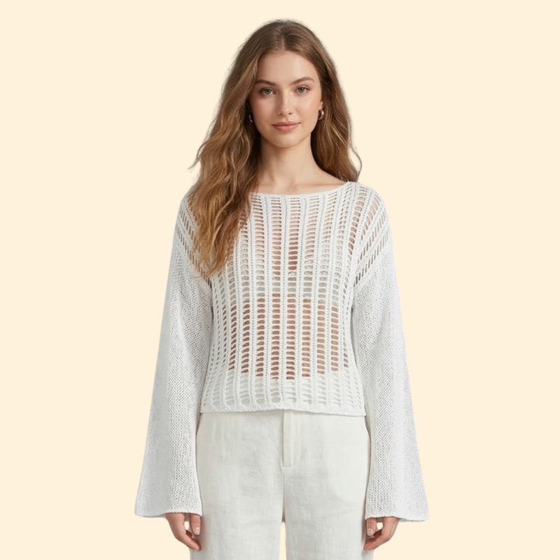 Suéter de Playa para Mujer Women's Beach Cover Up de Punto Calado con Manga Acampanada