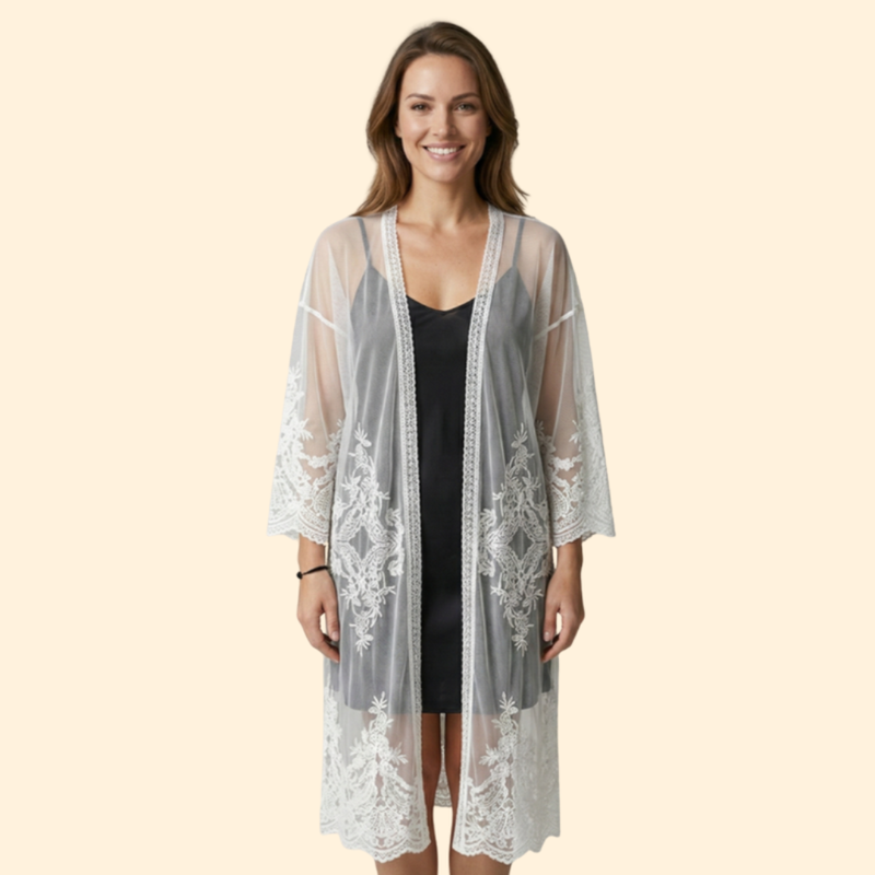 Cárdigan de Encaje para Mujer Women's Beach Cover Up con Frente Abierto y Transparente