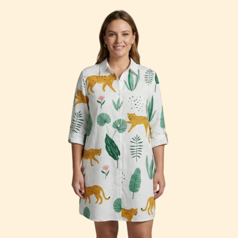 Vestido Camisero de Playa con Estampado y Manga Larga Beach Cover Up para Mujer