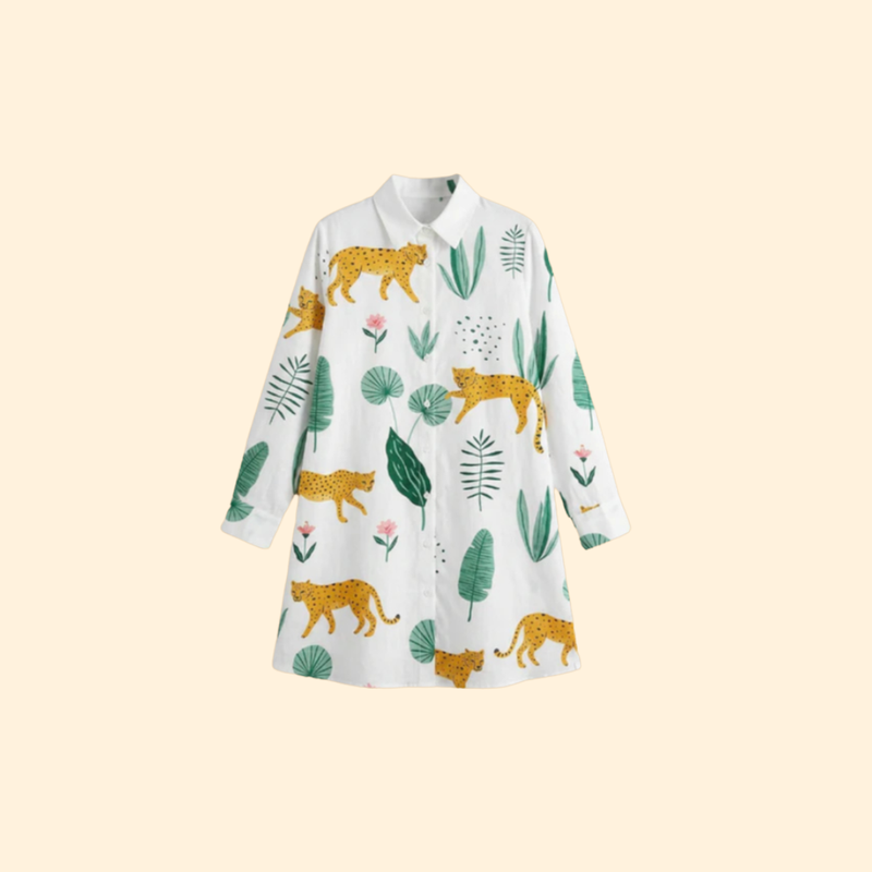 Vestido Camisero de Playa con Estampado y Manga Larga Beach Cover Up para Mujer