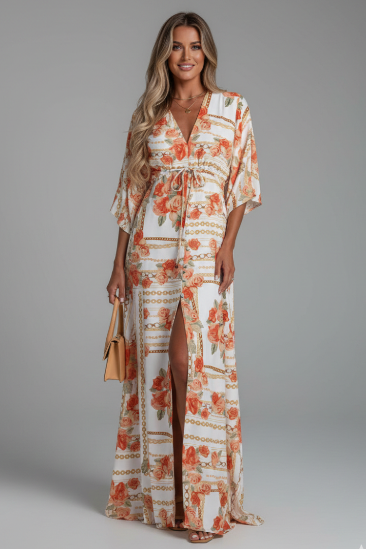 Vestido largo para mujer - maxi vestido con escote en V y mangas murciélago