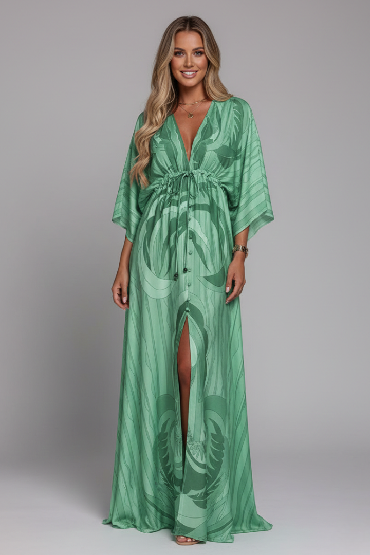 Vestido largo para mujer - maxi vestido con escote en V y mangas murciélago