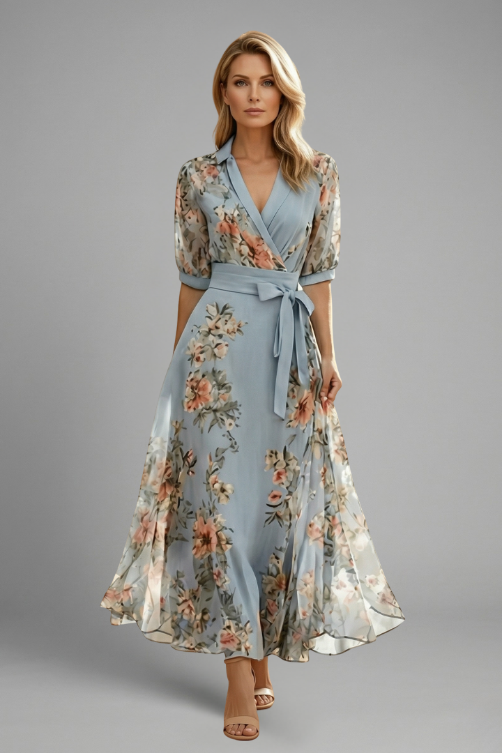 Vestido midi para mujer - vestido de manga corta con escote en V| casual