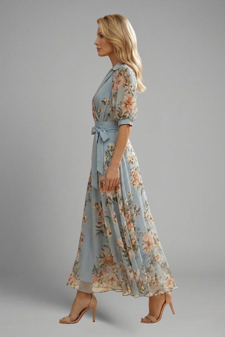 Vestido midi para mujer - vestido de manga corta con escote en V| casual