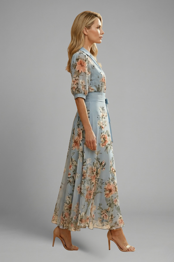 Vestido midi para mujer - vestido de manga corta con escote en V| casual