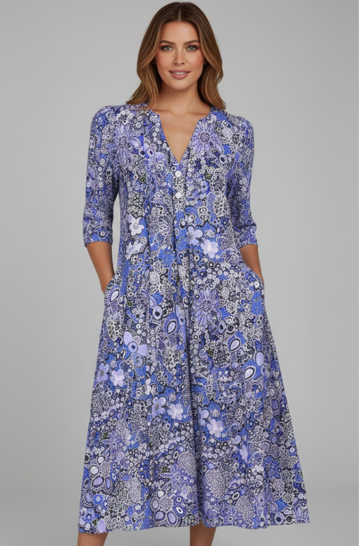 Vestido midi para mujer - vestido estampado con mangas tres cuartos | casual