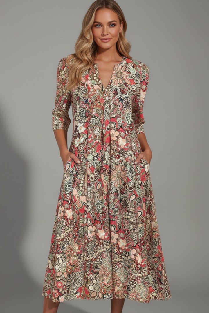 Vestido midi para mujer - vestido estampado con mangas tres cuartos | casual