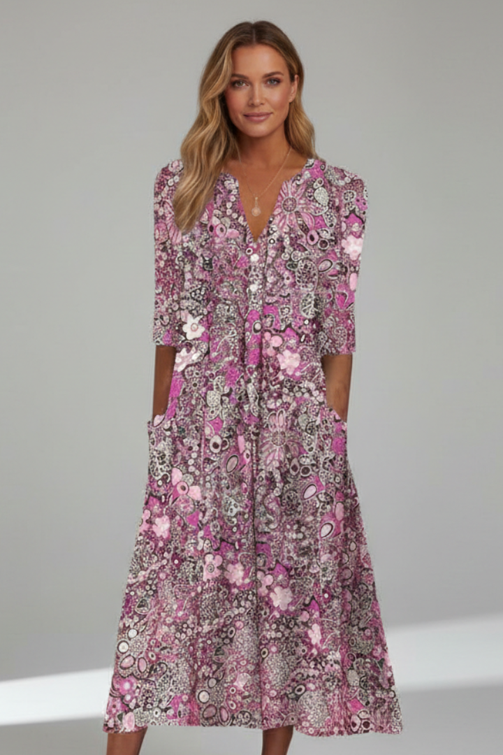 Vestido midi para mujer - vestido estampado con mangas tres cuartos | casual